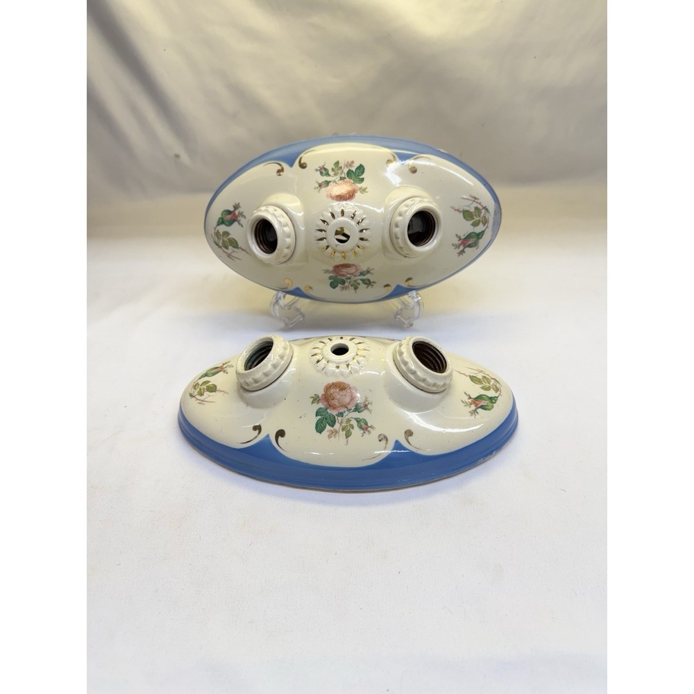 1940's Era Reclaimed 2 Bulb Porcelain Flush Mount Ceiling Fixture Lot Of 2
